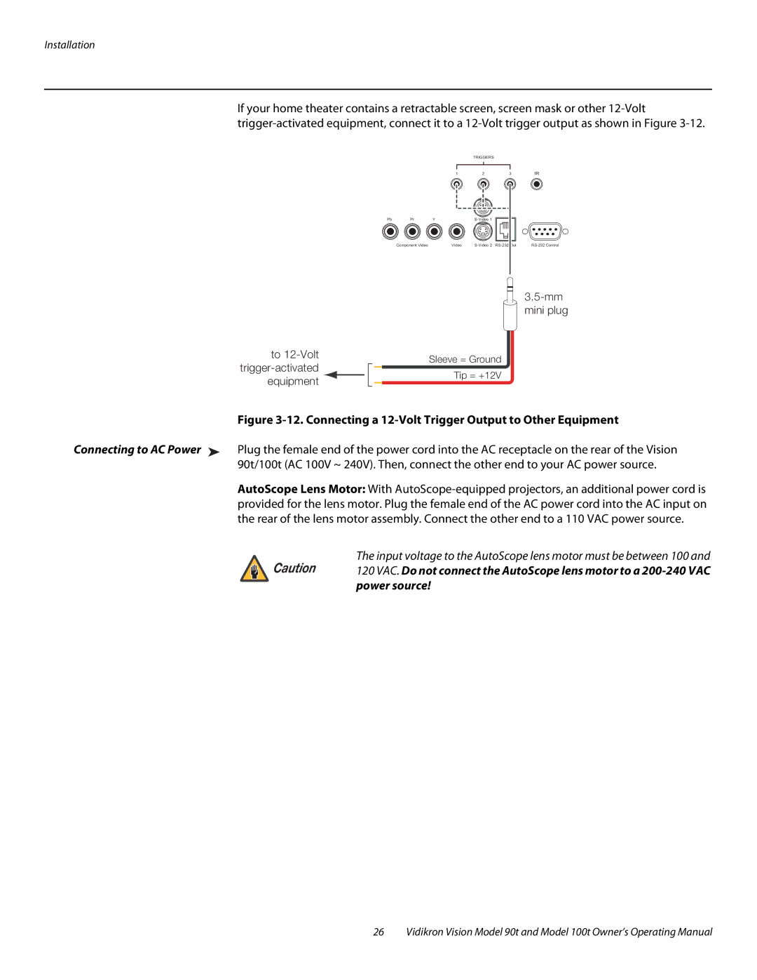 Vidikron Vision 90t, Vision 100t manual Connecting a 12-Volt Trigger Output to Other Equipment, Power source 