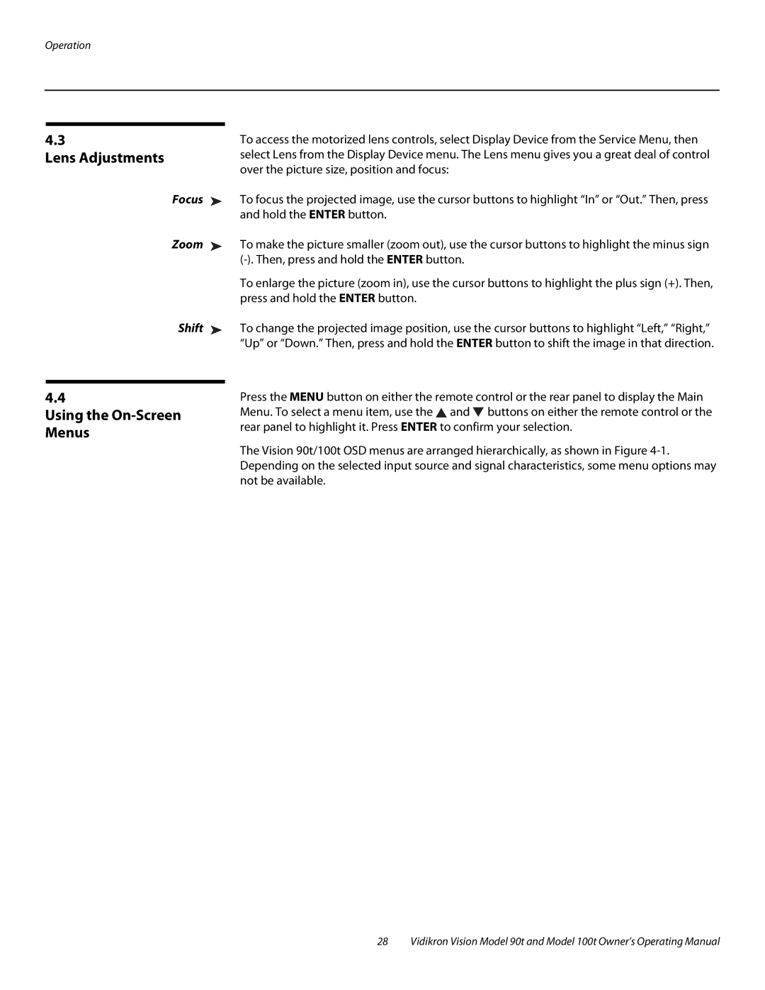 Vidikron Vision 90t, Vision 100t manual Lens Adjustments, Using the On-Screen, Menus, Focus, Zoom 