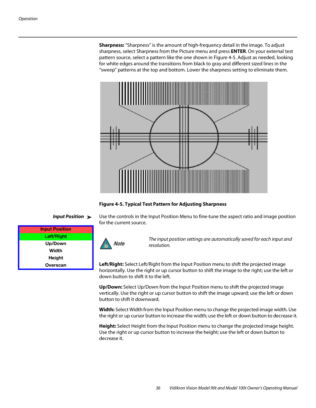 Vidikron Vision 90t, Vision 100t manual Input Position Left/Right Up/Down Width Height Overscan 