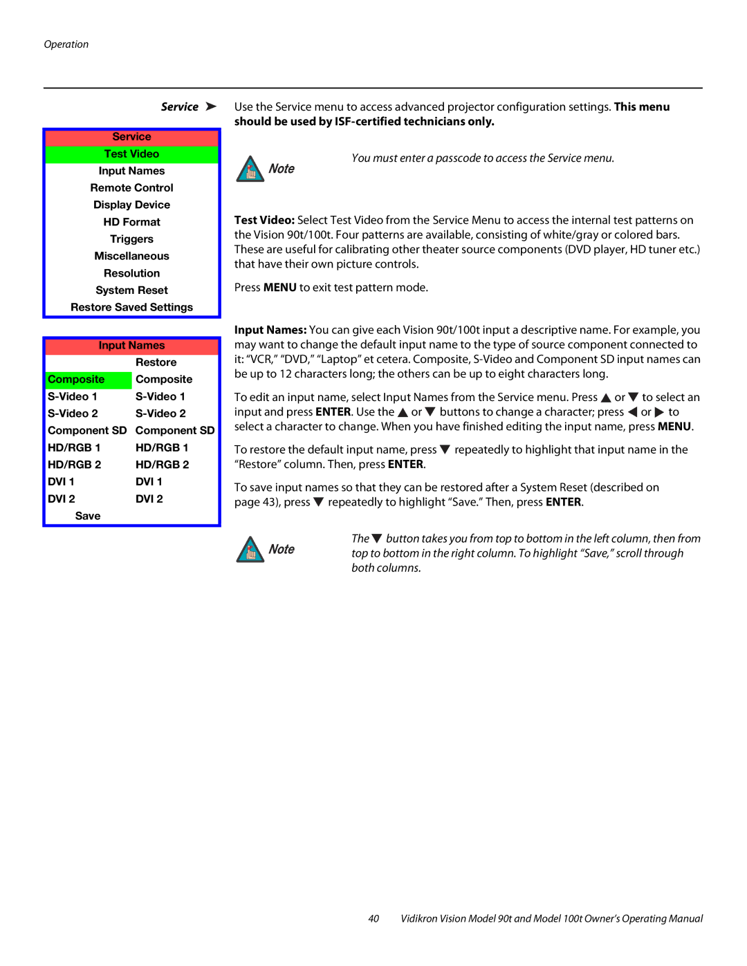 Vidikron Vision 90t, Vision 100t manual Service, Input Names Restore Composite Video Component SD 