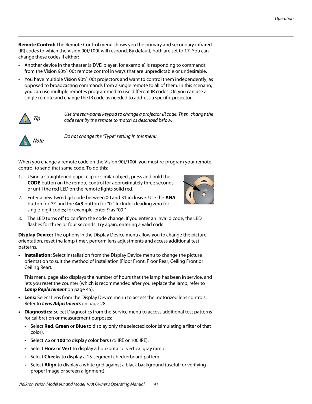 Vidikron Vision 100t, Vision 90t manual Do not change the Type setting in this menu 