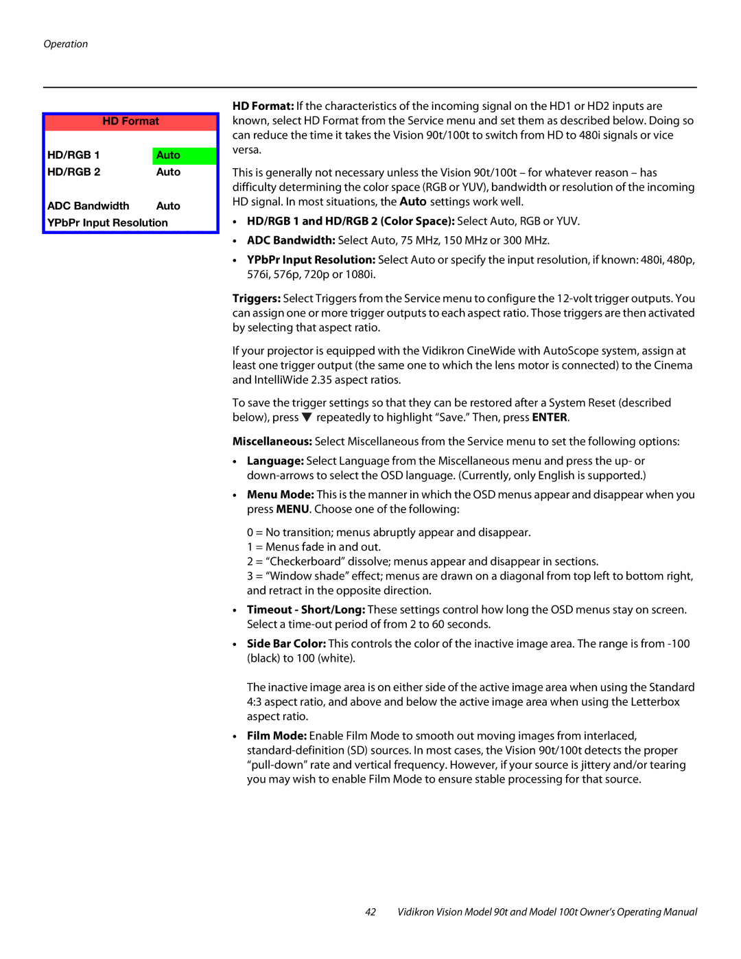 Vidikron Vision 90t HD/RGB 1 and HD/RGB 2 Color Space Select Auto, RGB or YUV, ADC Bandwidth Auto YPbPr Input Resolution 