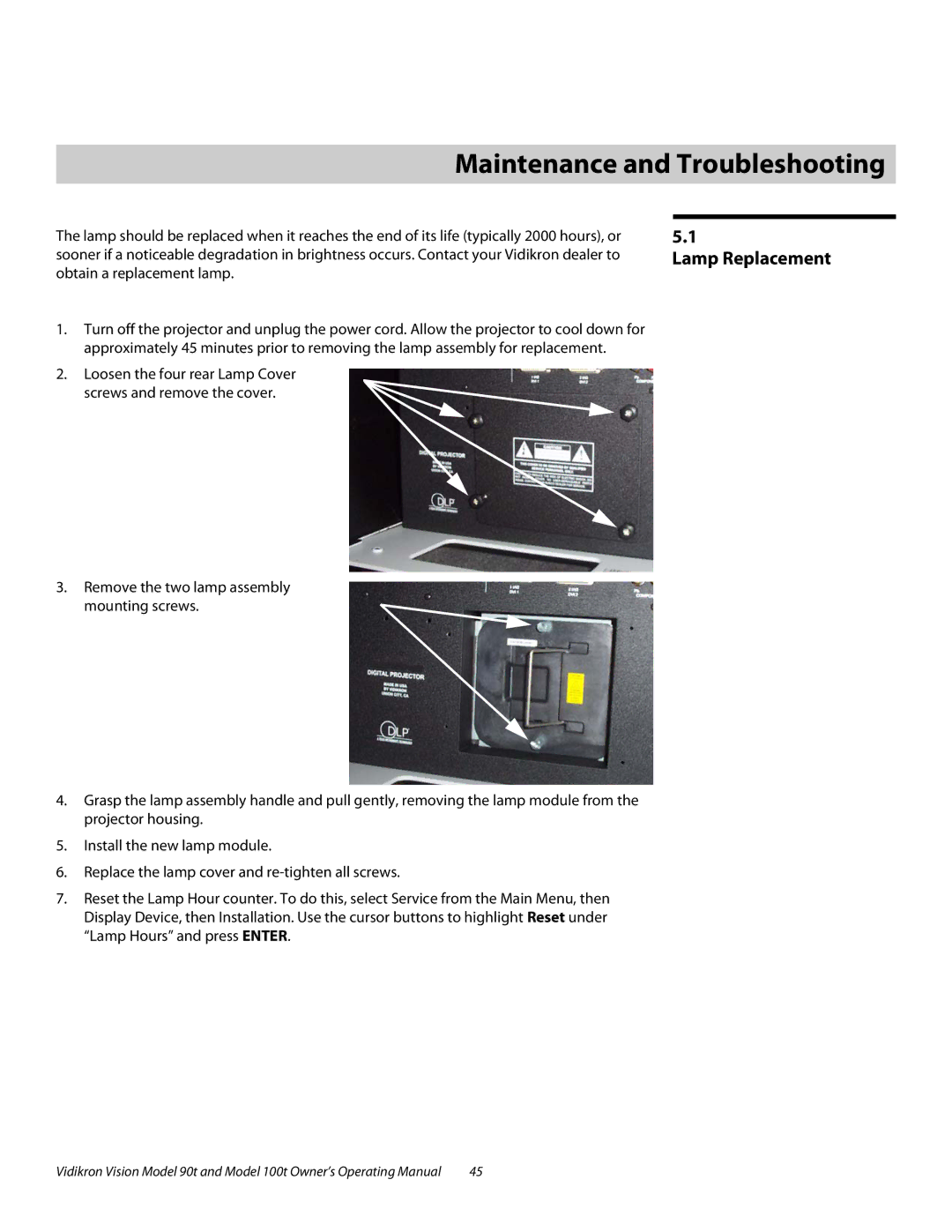 Vidikron Vision 100t, Vision 90t manual 5Maintenance and Troubleshooting, Lamp Replacement 