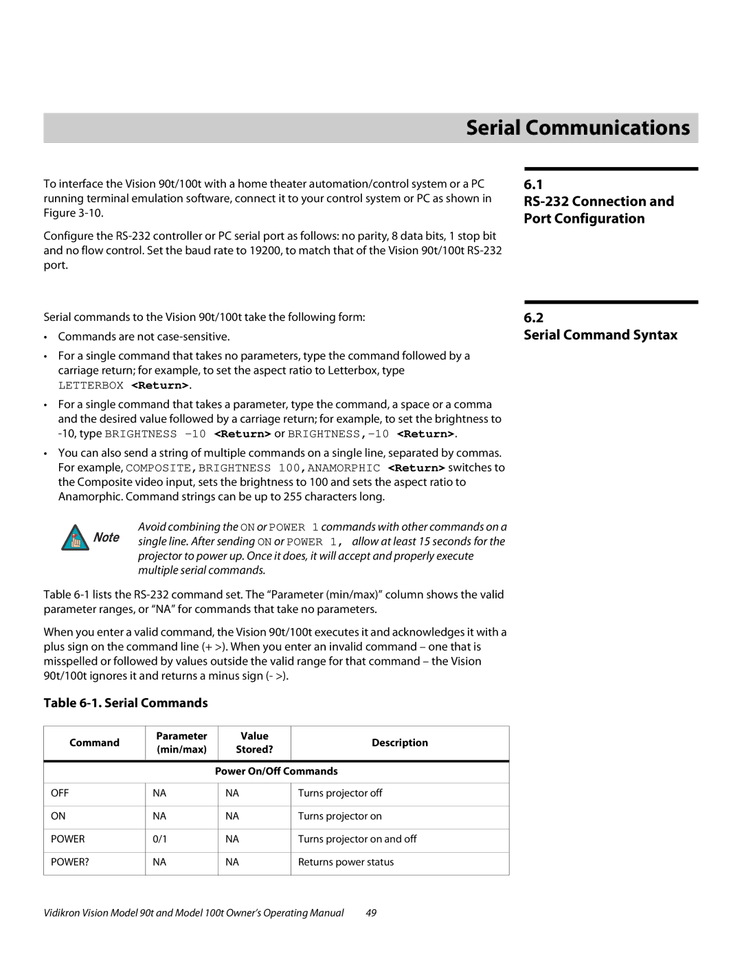 Vidikron Vision 100t, Vision 90t 6Serial Communications, Serial Command Syntax, RS-232 Connection and Port Configuration 