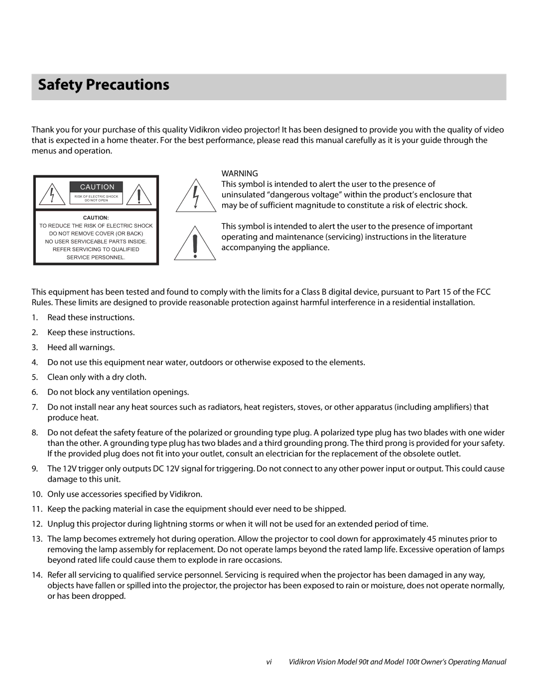 Vidikron Vision 90t, Vision 100t manual Safety Precautions 