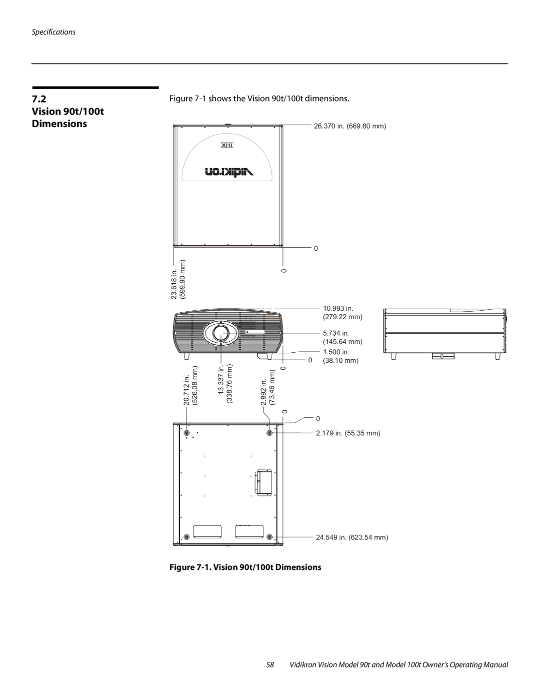 Vidikron Vision 100t manual Vision 90t/100t Dimensions 