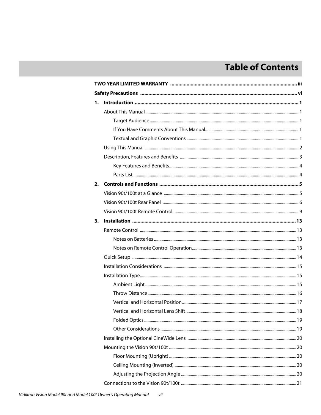 Vidikron Vision 100t, Vision 90t manual 1Table of Contents 