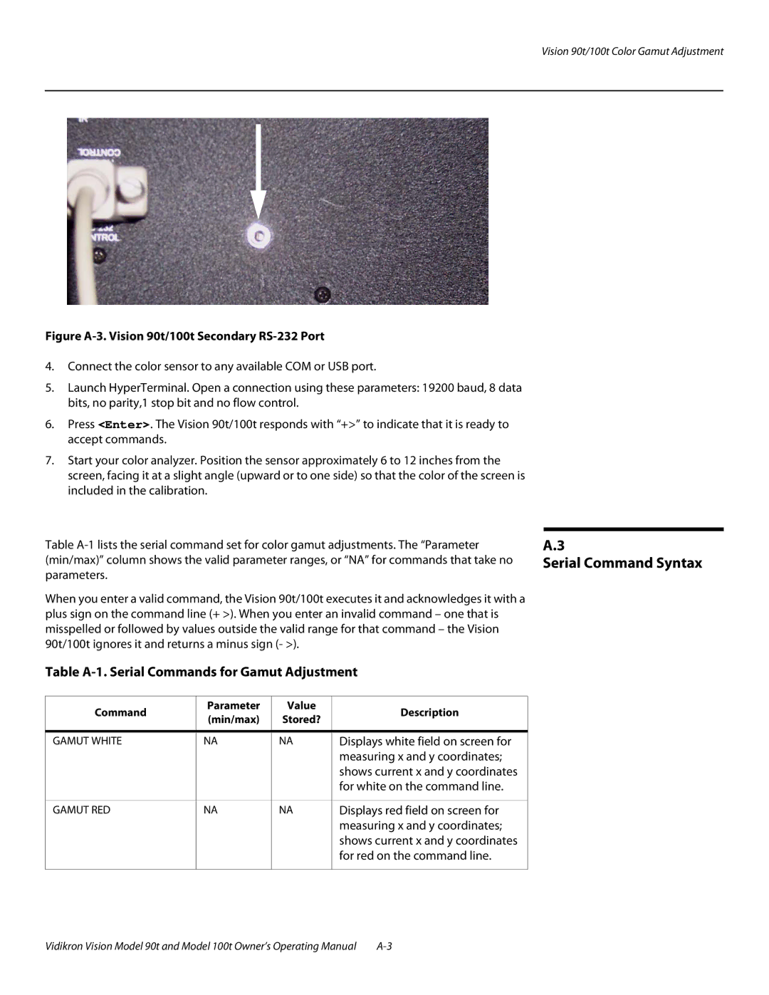 Vidikron Vision 100t manual Table A-1. Serial Commands for Gamut Adjustment, Command Parameter Value Description Min/max 