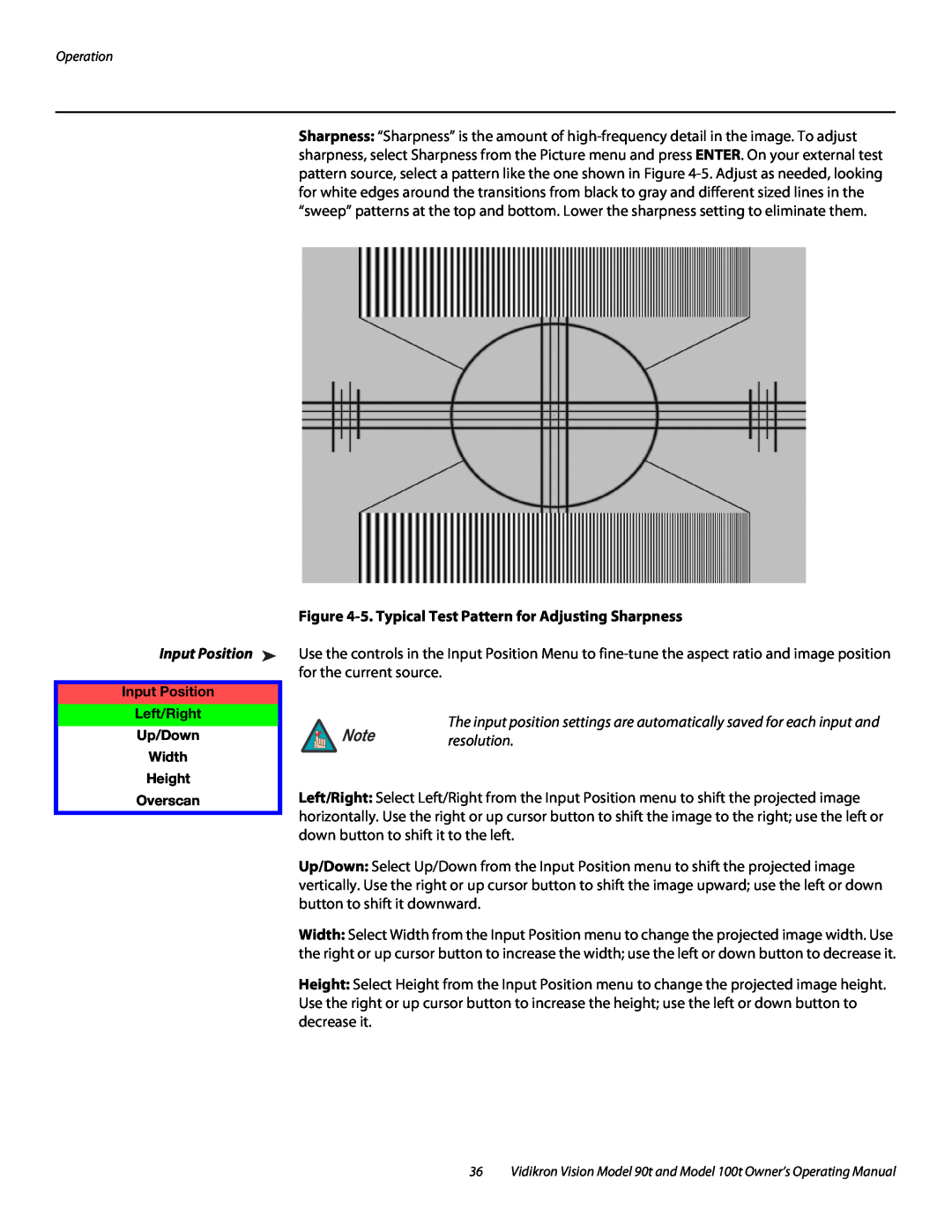 Vidikron Vision 90t, Vision 100t manual Input Position, 5. Typical Test Pattern for Adjusting Sharpness, Note resolution 