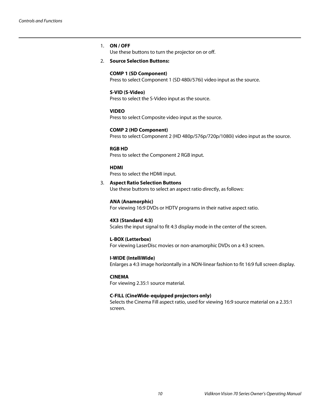 Vidikron vision70 On / OFF, Source Selection Buttons Comp 1 SD Component, VID S-Video, Comp 2 HD Component, ANA Anamorphic 