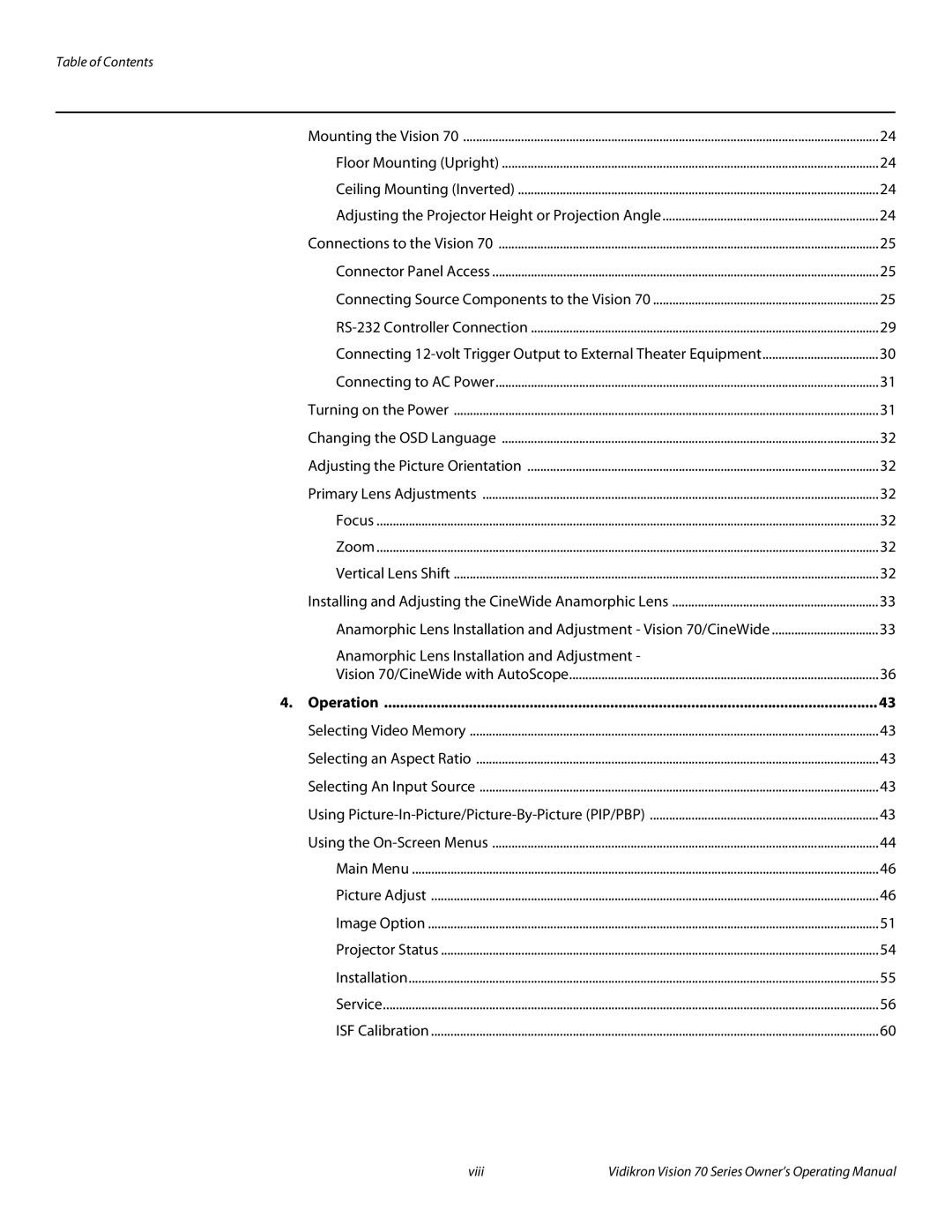 Vidikron vision70 manual Table of Contents, Operation 