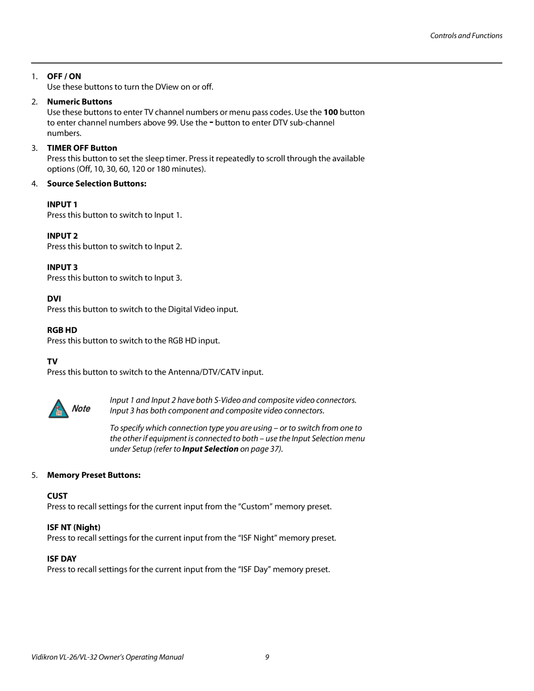 Vidikron VL-26HD, VL-32HD OFF / on, Numeric Buttons, Timer OFF Button, Source Selection Buttons, Memory Preset Buttons 