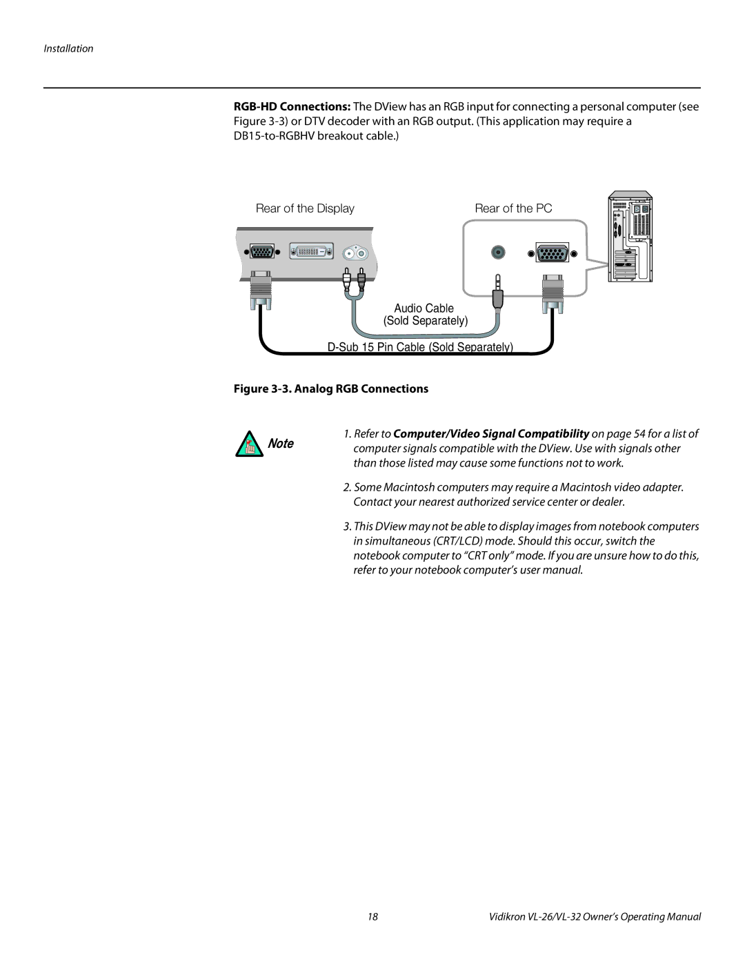 Vidikron VL-32HD, VL-26HD manual Analog RGB Connections 