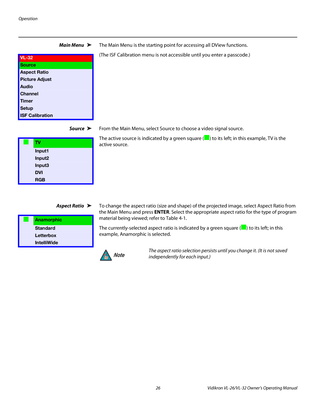 Vidikron VL-32HD manual Main Menu, Source, Aspect Ratio, TV Input1 Input2 Input3, Anamorphic Standard Letterbox IntelliWide 