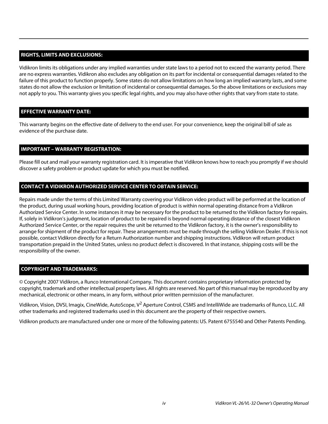 Vidikron VL-32HD, VL-26HD manual RIGHTS, Limits and Exclusions 