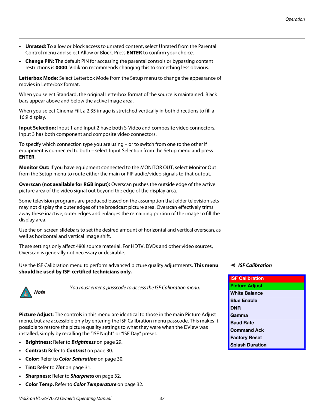 Vidikron VL-26HD, VL-32HD manual ISF Calibration, Picture Adjust White Balance Blue Enable 