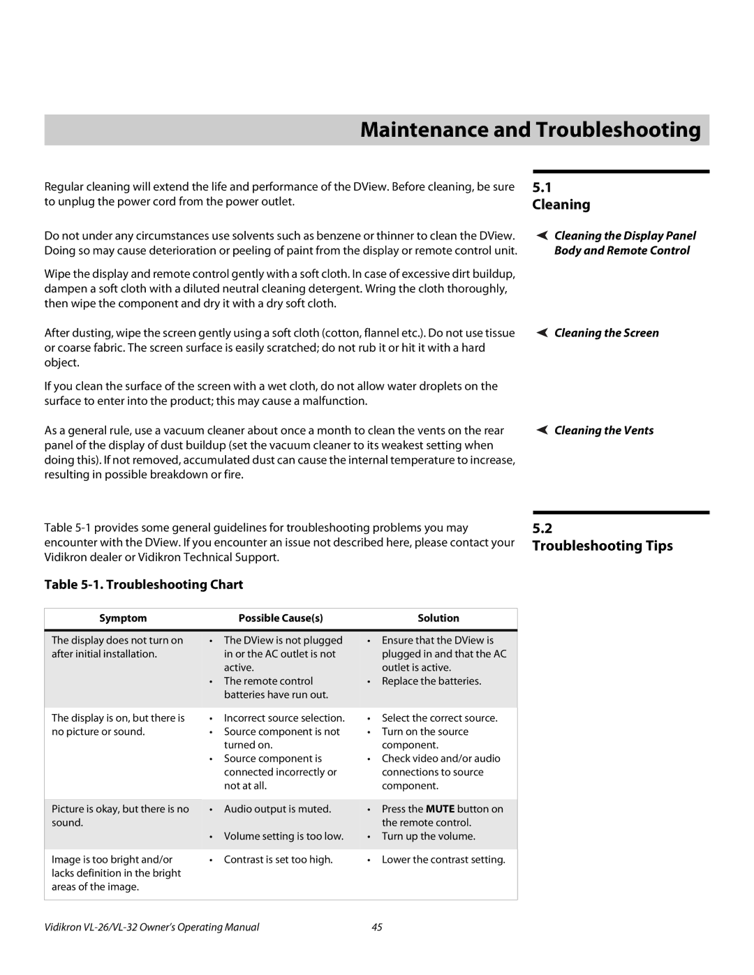 Vidikron VL-26HD, VL-32HD manual 5Maintenance and Troubleshooting, Cleaning, Troubleshooting Tips, Troubleshooting Chart 