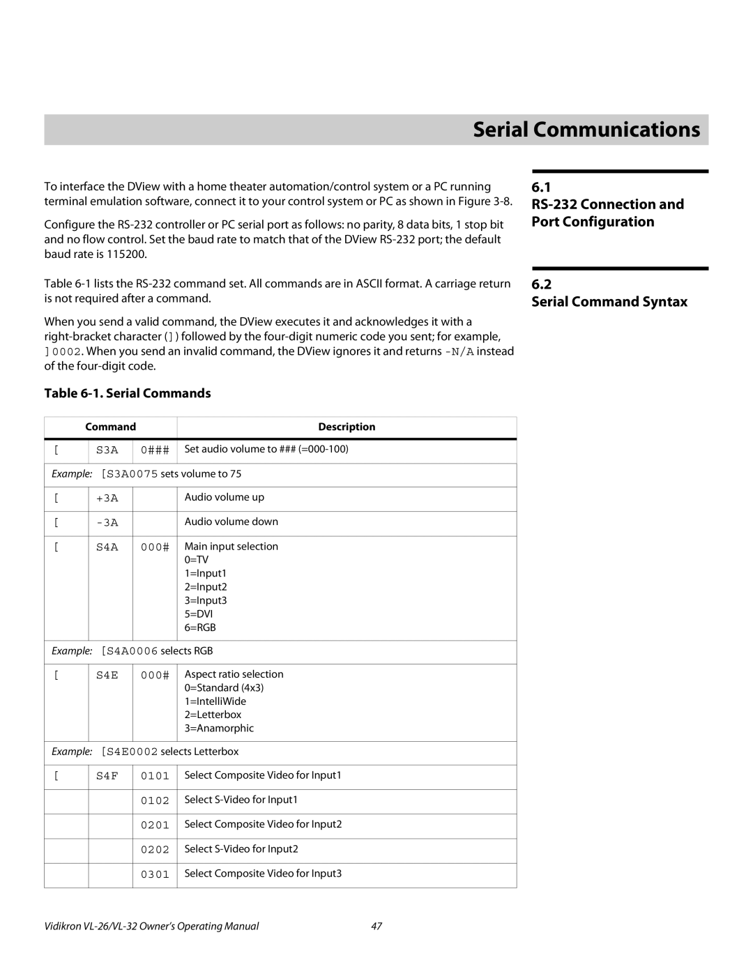 Vidikron VL-26HD 6Serial Communications, Serial Command Syntax, RS-232 Connection and Port Configuration, Serial Commands 