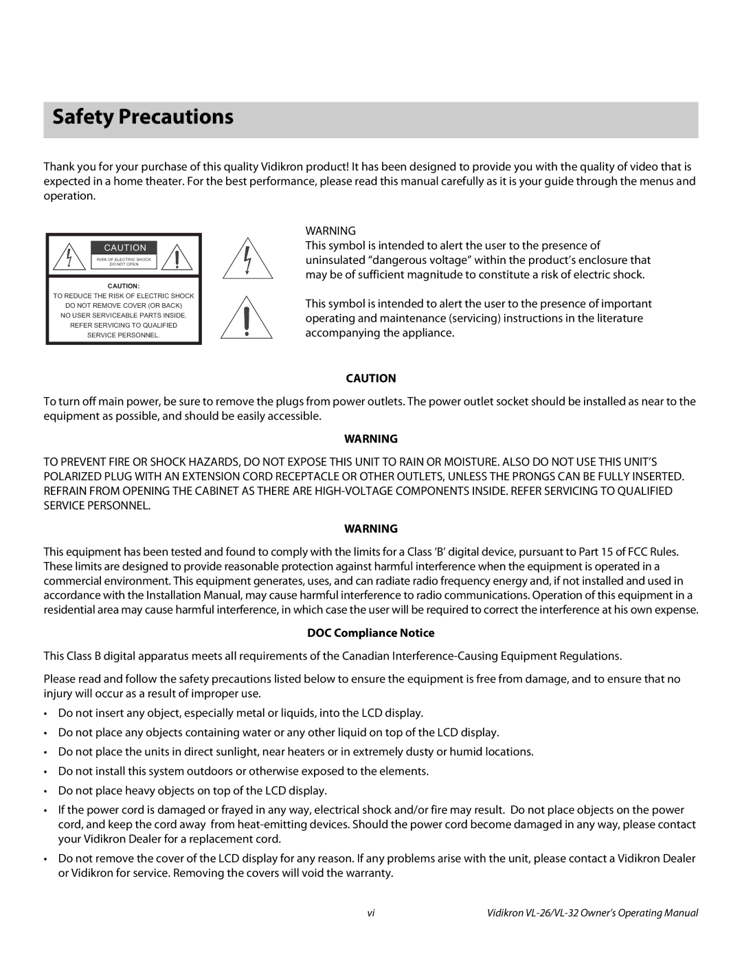 Vidikron VL-32HD, VL-26HD manual Safety Precautions, DOC Compliance Notice 