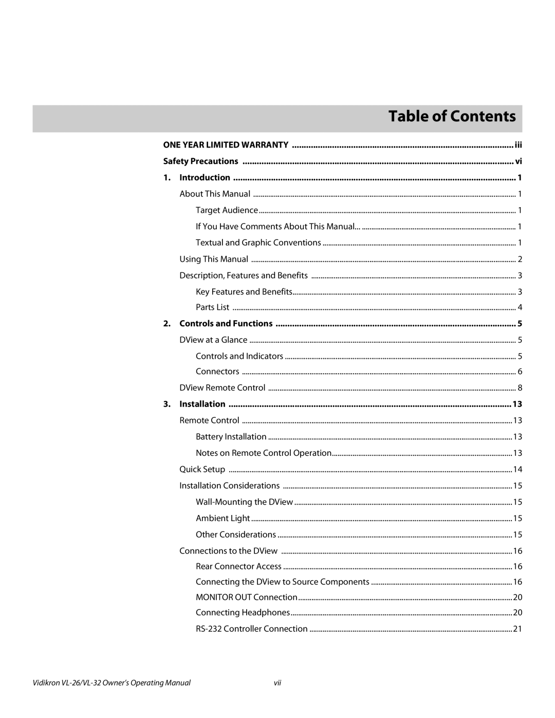 Vidikron VL-26HD, VL-32HD manual 1Table of Contents 