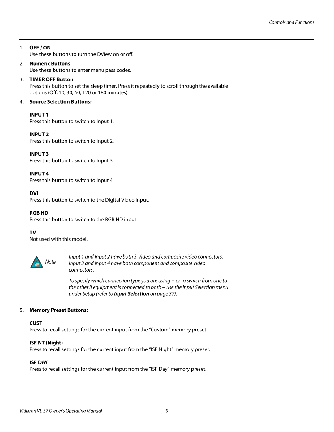 Vidikron VL-37 OFF / on, Numeric Buttons, Timer OFF Button, Source Selection Buttons, Memory Preset Buttons, ISF NT Night 