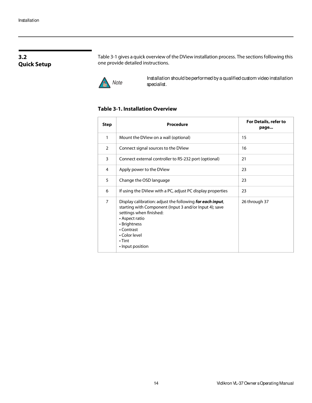 Vidikron VL-37 manual Quick Setup, Installation Overview, Step Procedure For Details, refer to 