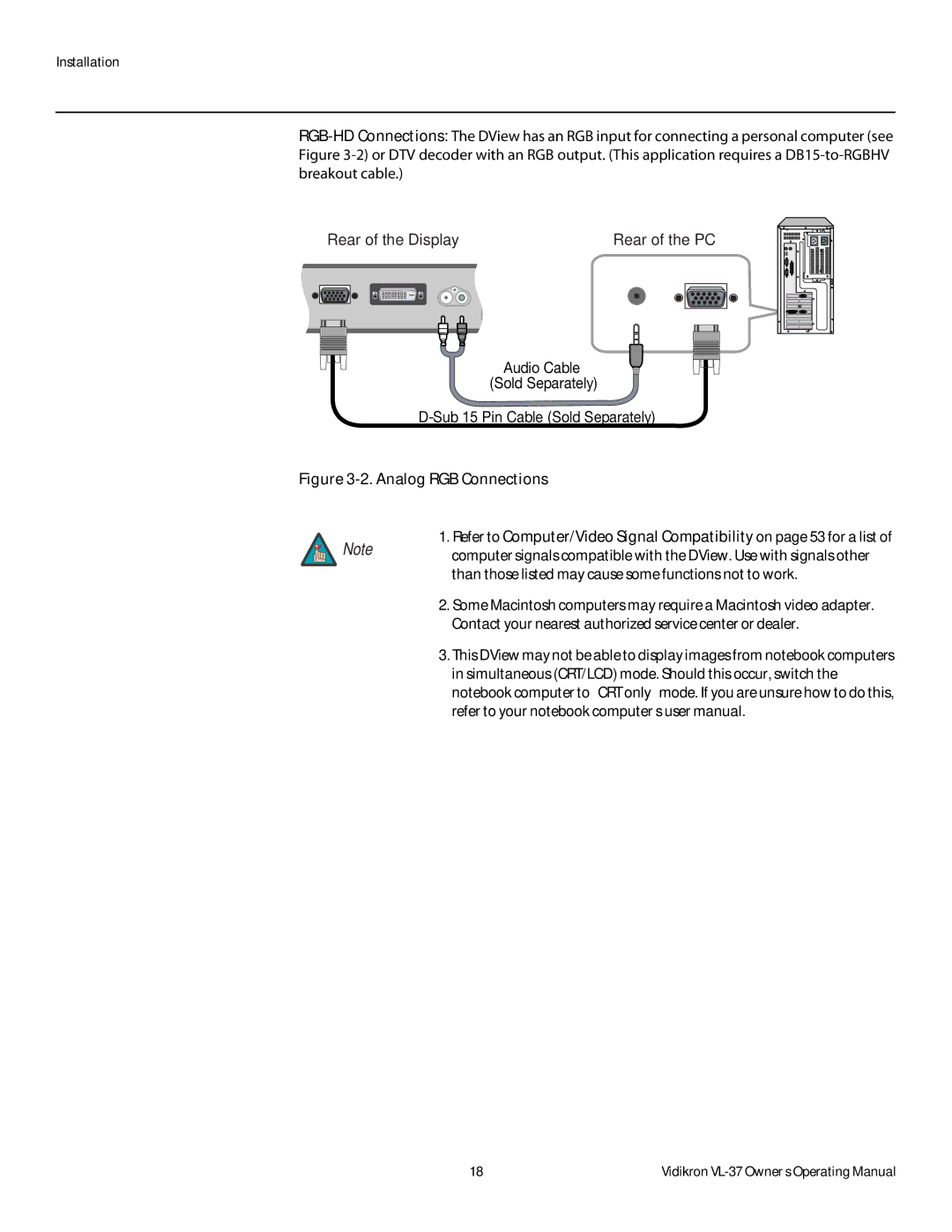 Vidikron VL-37 manual Analog RGB Connections 