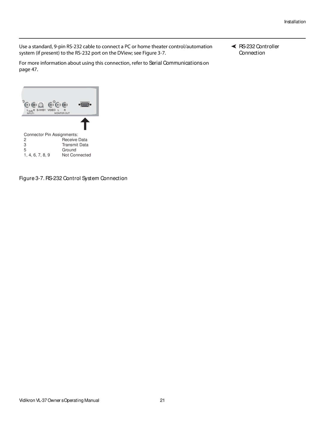 Vidikron VL-37 manual RS-232 Control System Connection 