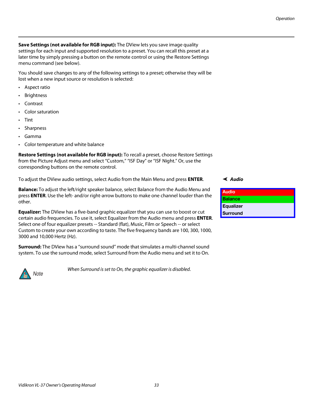 Vidikron VL-37 manual Audio, Balance Equalizer Surround 