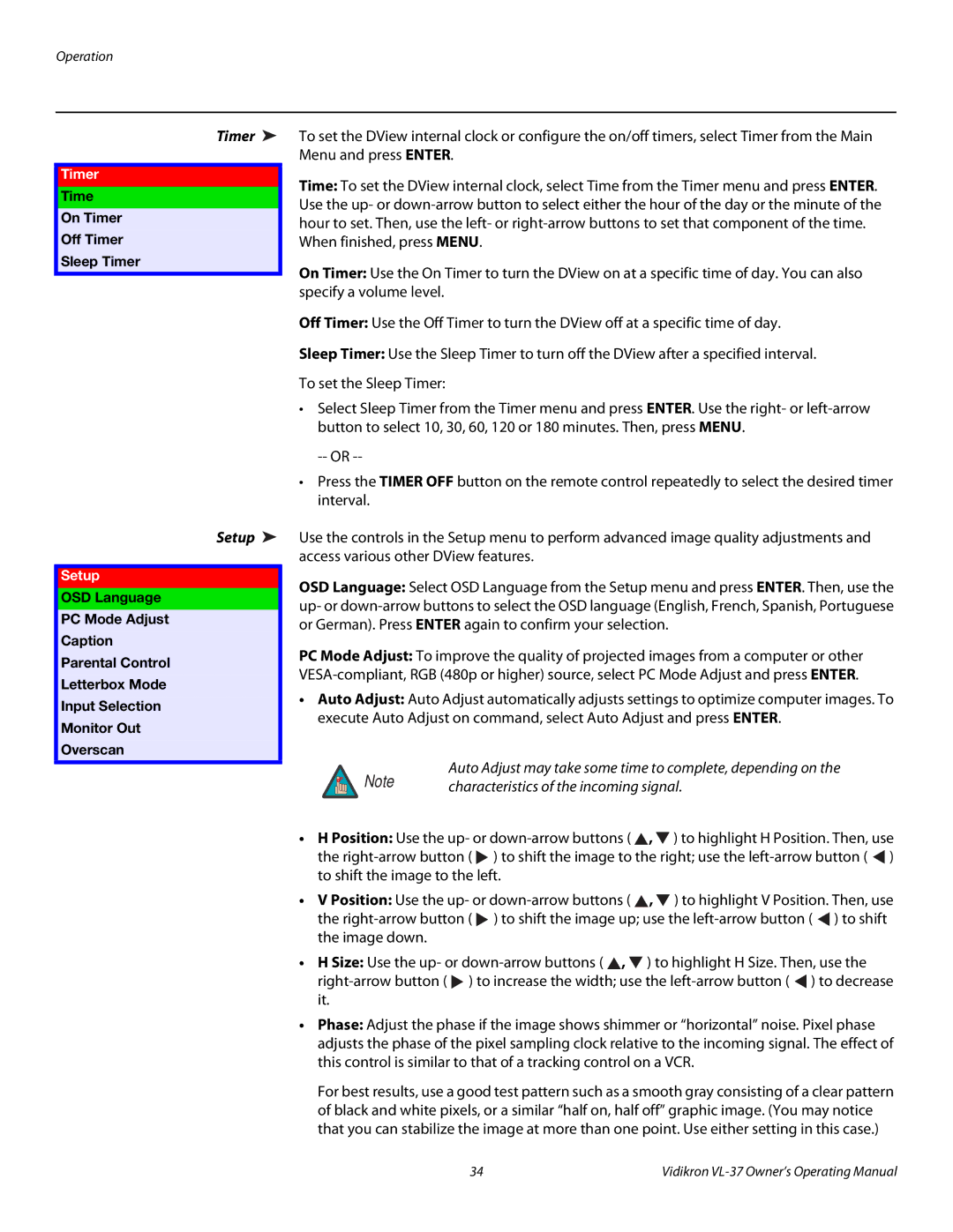 Vidikron VL-37 manual Setup, Time On Timer Off Timer Sleep Timer 