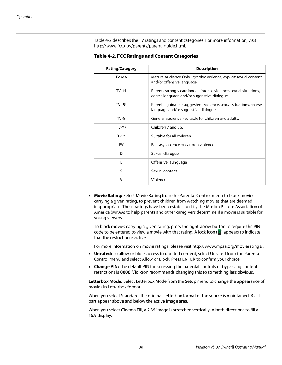 Vidikron VL-37 manual FCC Ratings and Content Categories, Rating/Category Description 