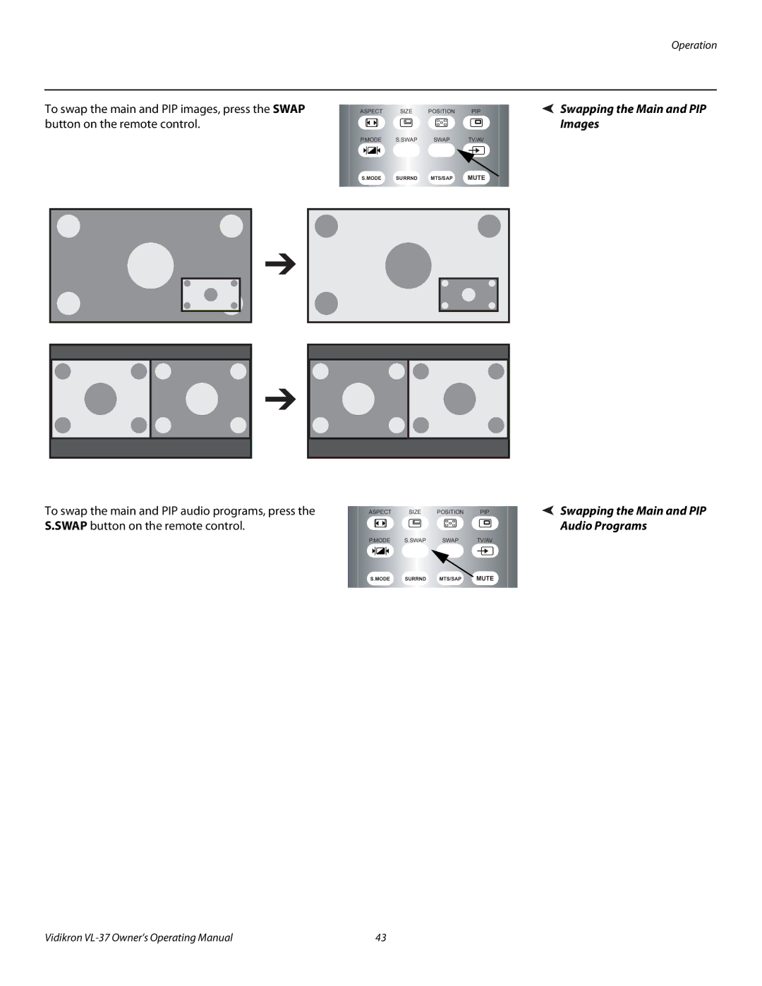 Vidikron VL-37 manual Swapping the Main and PIP Images, Swapping the Main and PIP Audio Programs 