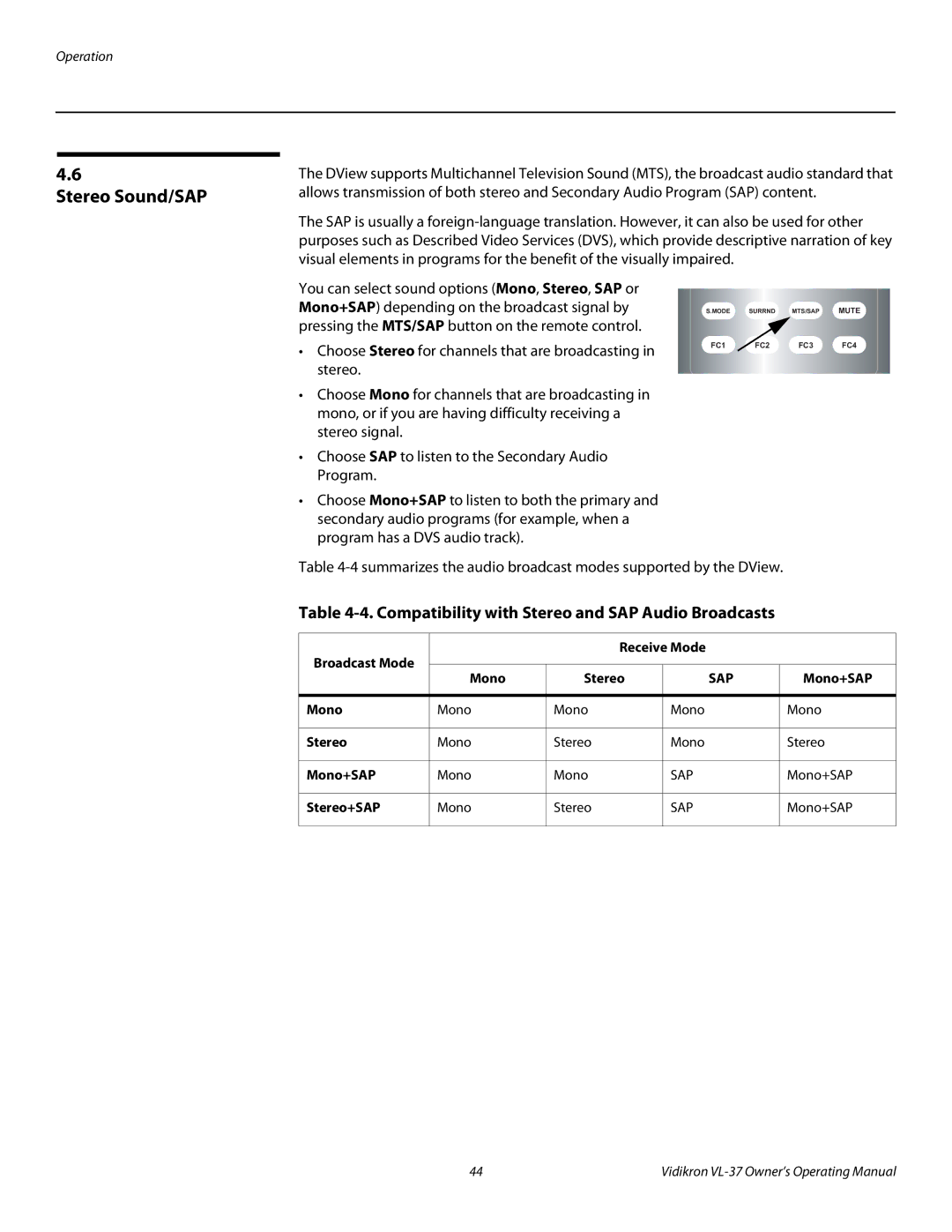 Vidikron VL-37 manual Stereo Sound/SAP, Compatibility with Stereo and SAP Audio Broadcasts, Mono+SAP, Stereo+SAP 