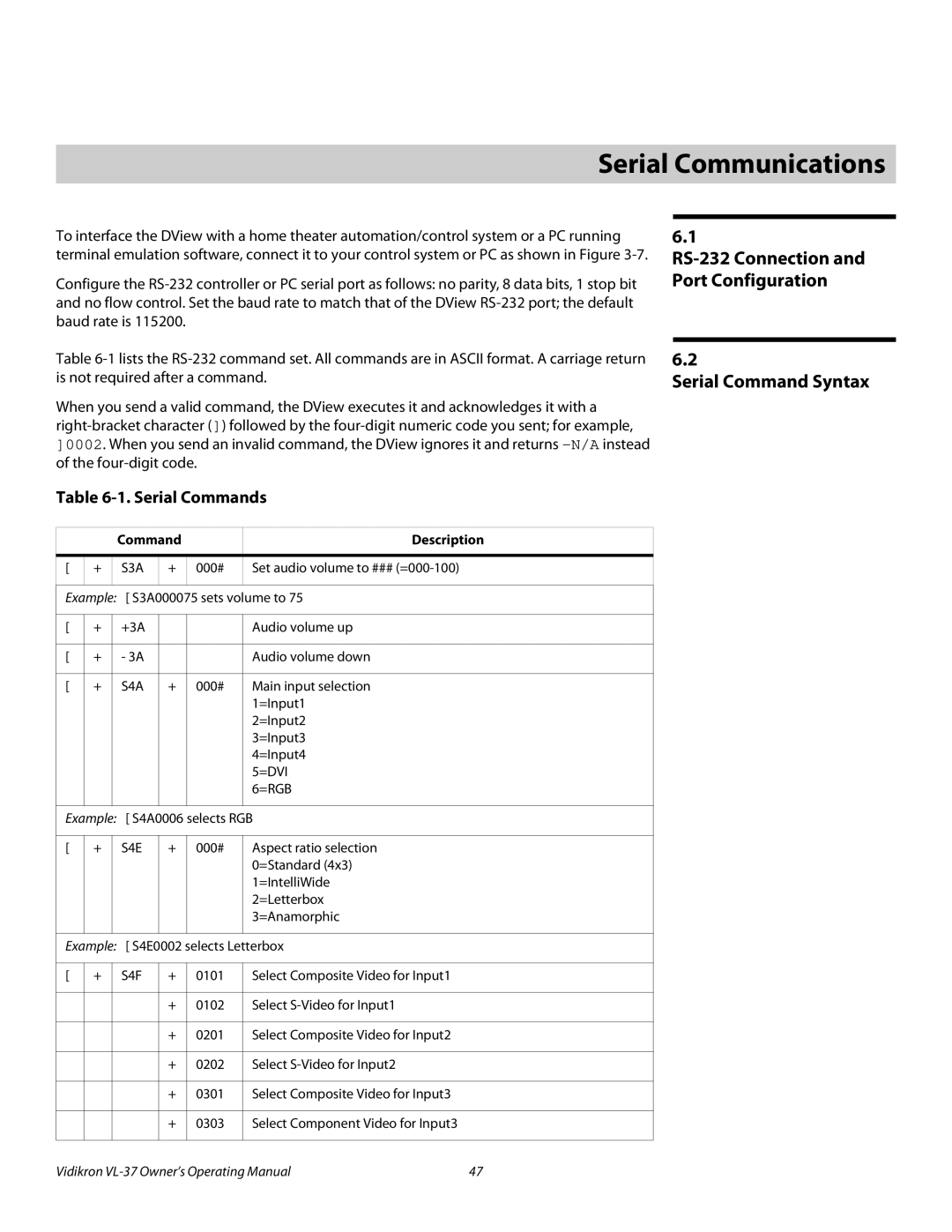 Vidikron VL-37 6Serial Communications, Serial Command Syntax, RS-232 Connection and Port Configuration, Serial Commands 