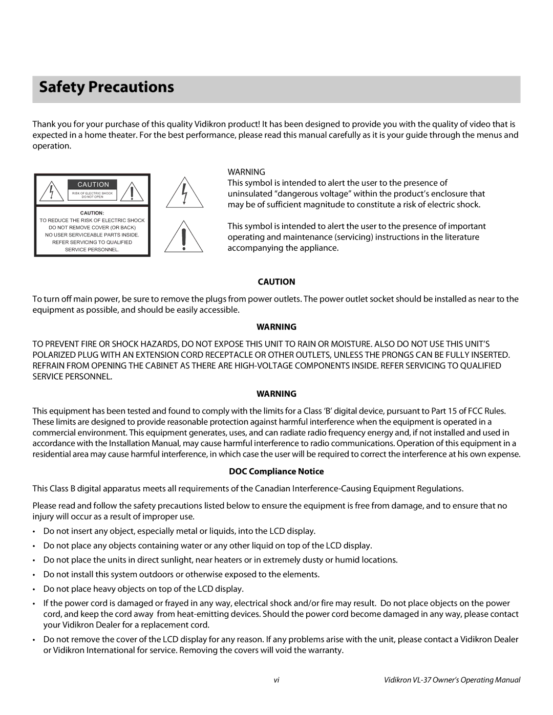 Vidikron VL-37 manual Safety Precautions, DOC Compliance Notice 