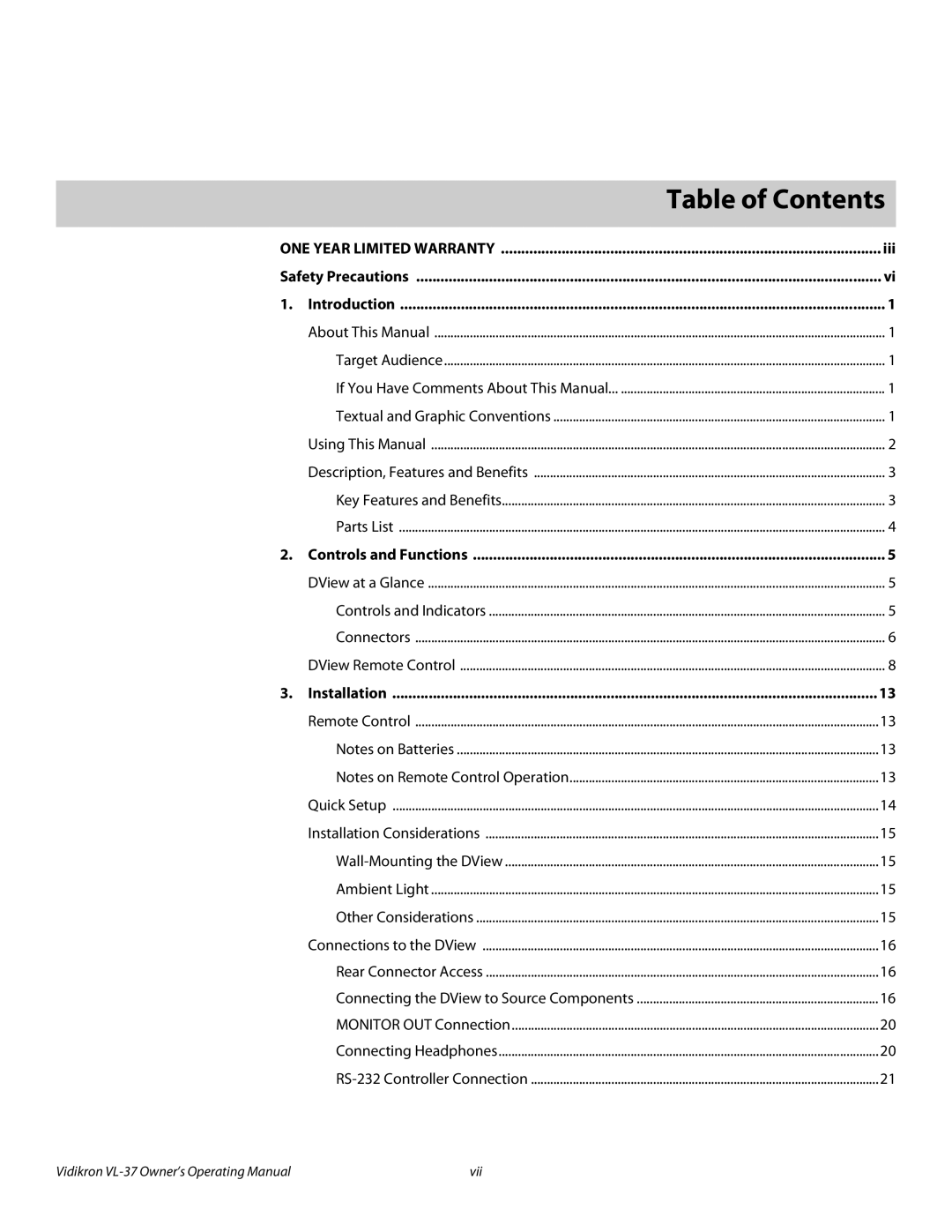 Vidikron VL-37 manual 1Table of Contents 