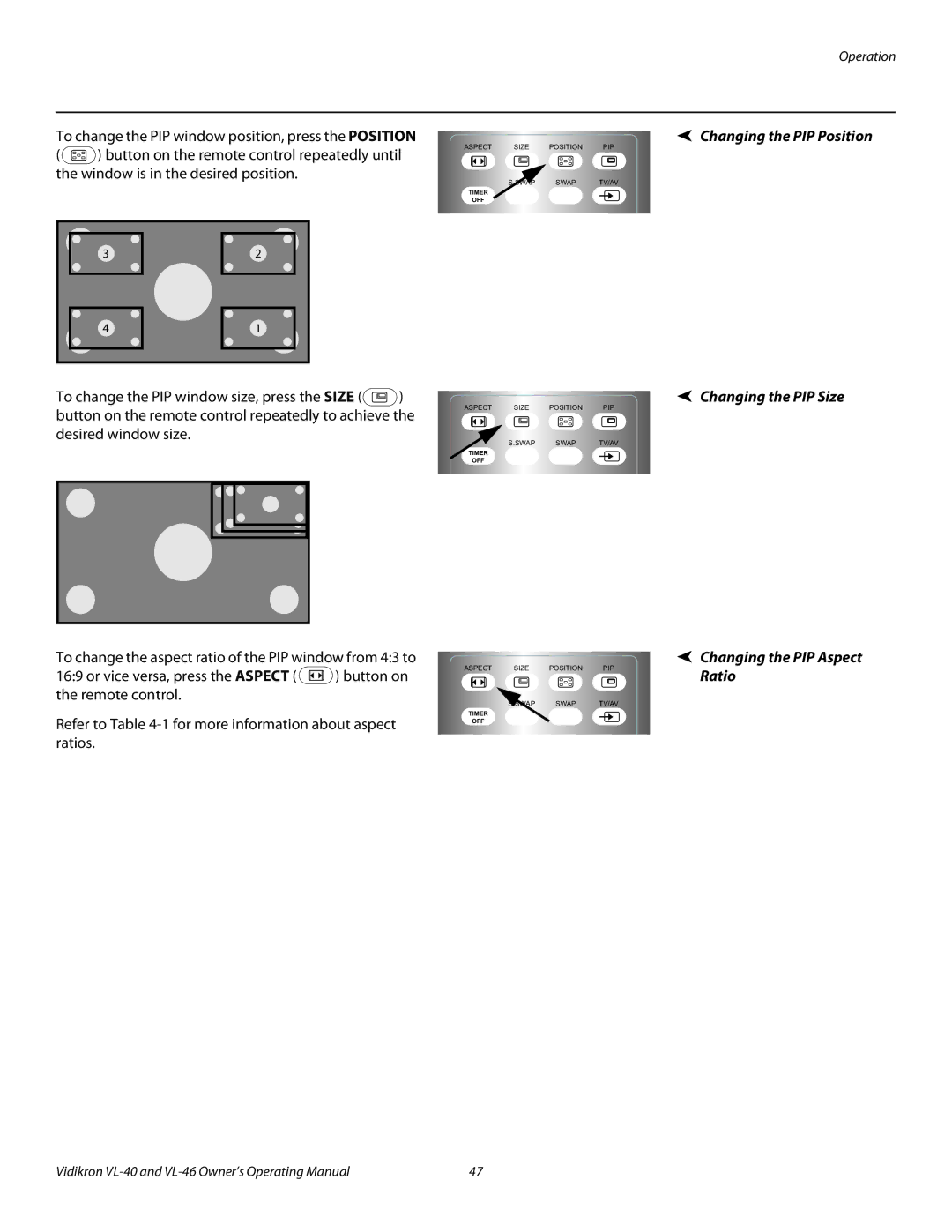 Vidikron VL-40 manual Changing the PIP Position, Changing the PIP Size, Changing the PIP Aspect Ratio 