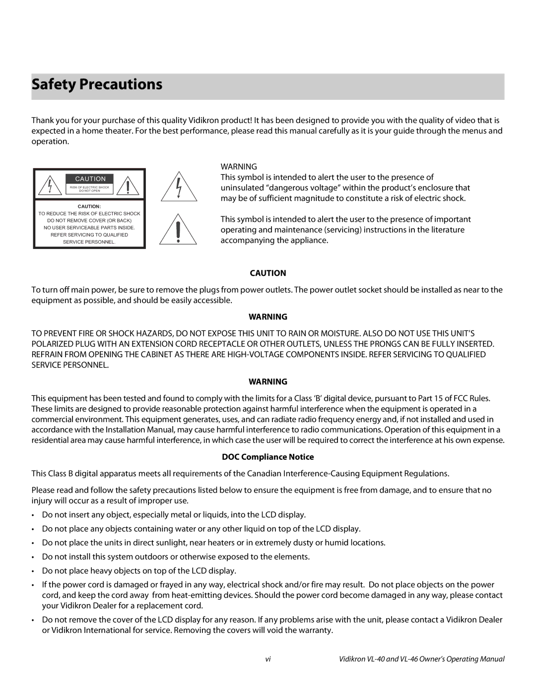 Vidikron VL-40 manual Safety Precautions, DOC Compliance Notice 