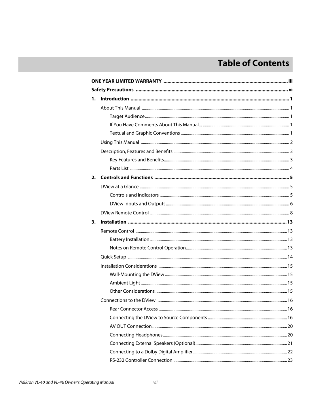 Vidikron VL-40 manual 1Table of Contents 