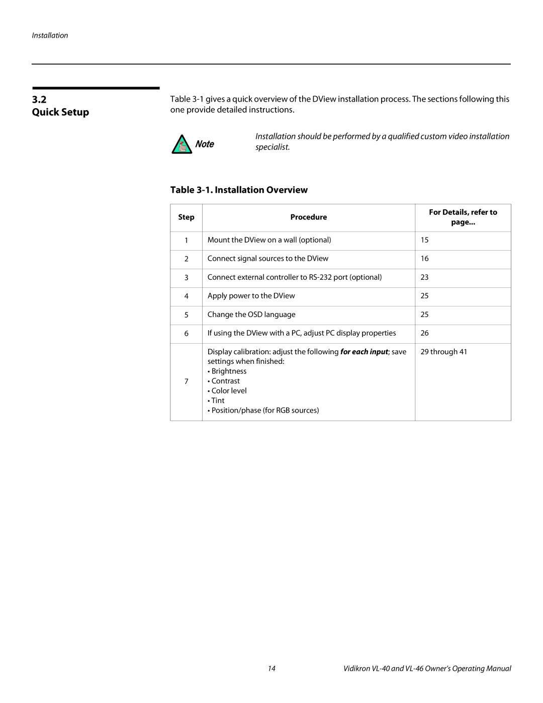 Vidikron VL-46 manual Quick Setup, Installation Overview, Step Procedure For Details, refer to 