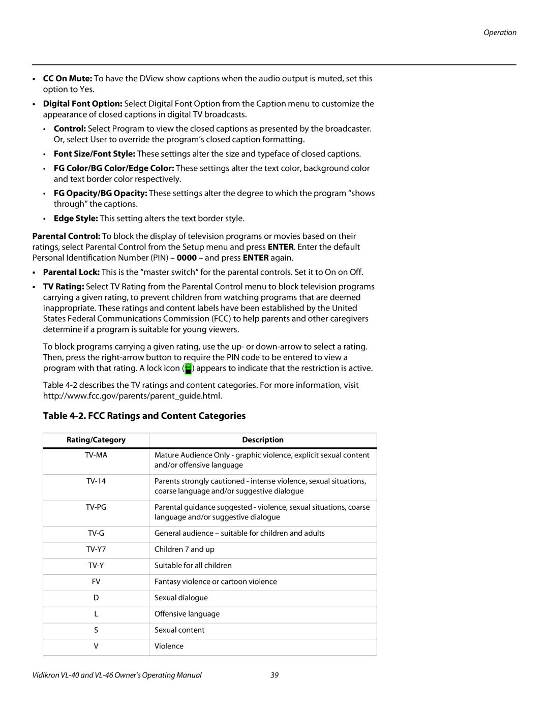 Vidikron VL-46 manual FCC Ratings and Content Categories, Rating/Category Description 