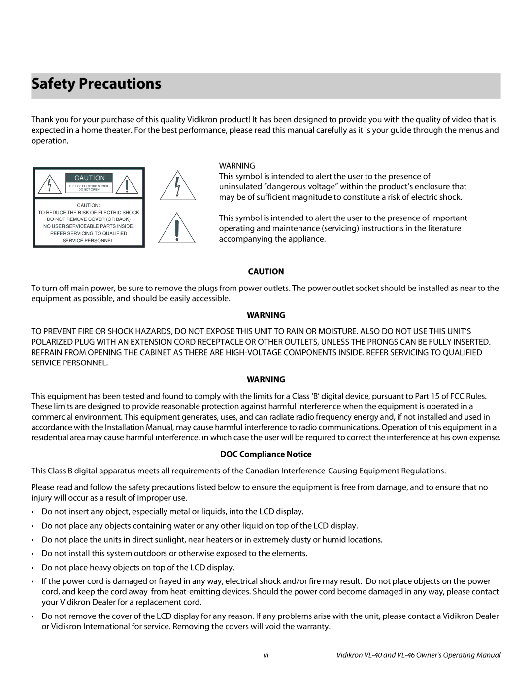 Vidikron VL-46 manual Safety Precautions, DOC Compliance Notice 