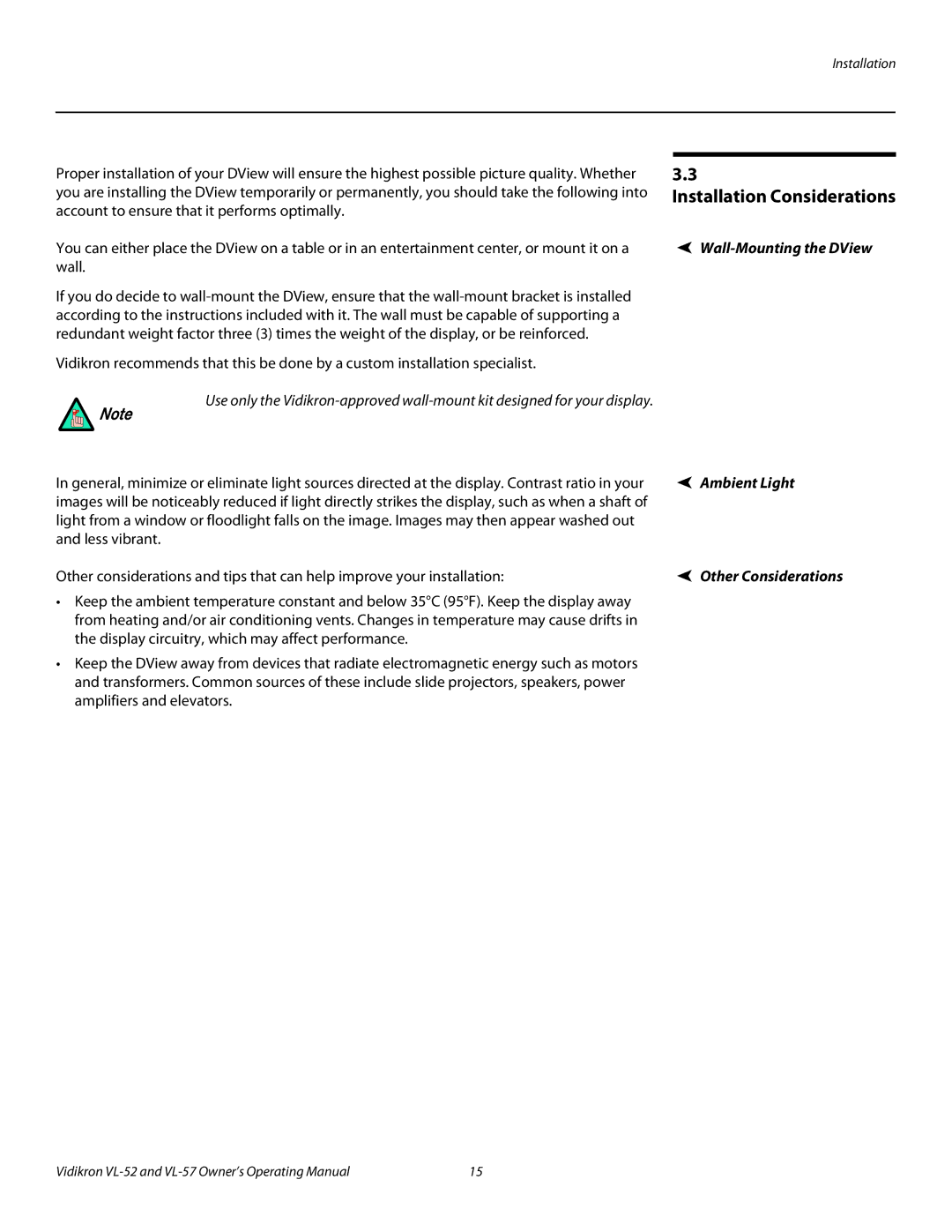 Vidikron VL-57, VL-52 manual Installation Considerations, Wall-Mounting the DView, Ambient Light 