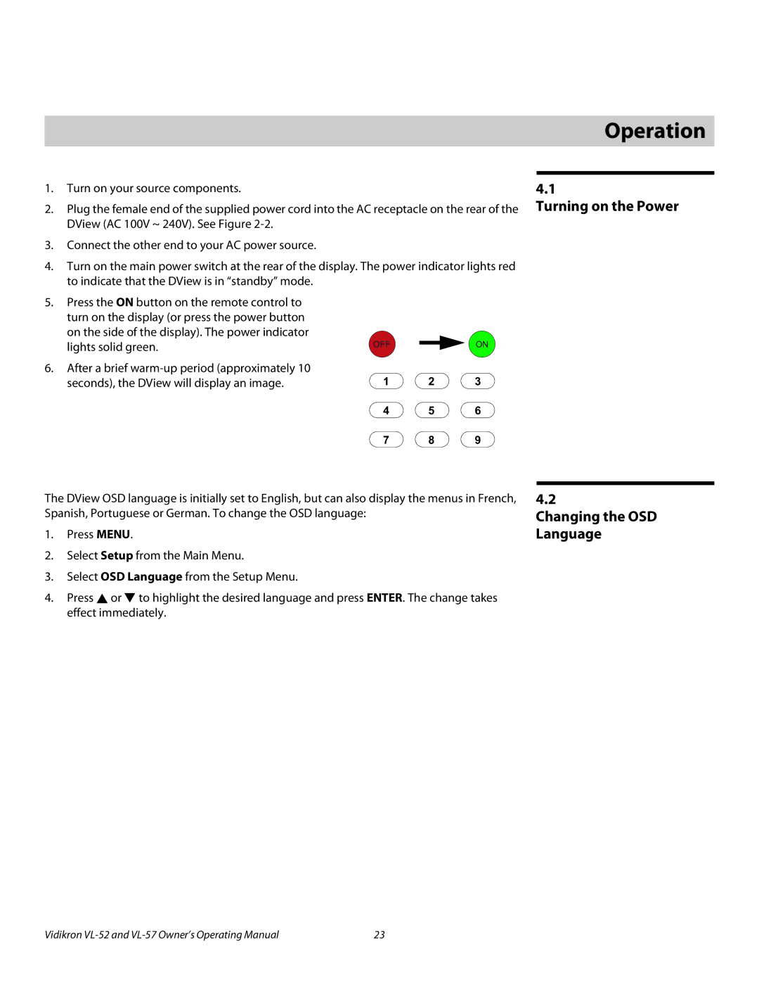 Vidikron VL-57, VL-52 manual 4Operation, Turning on the Power, Changing the OSD Language 