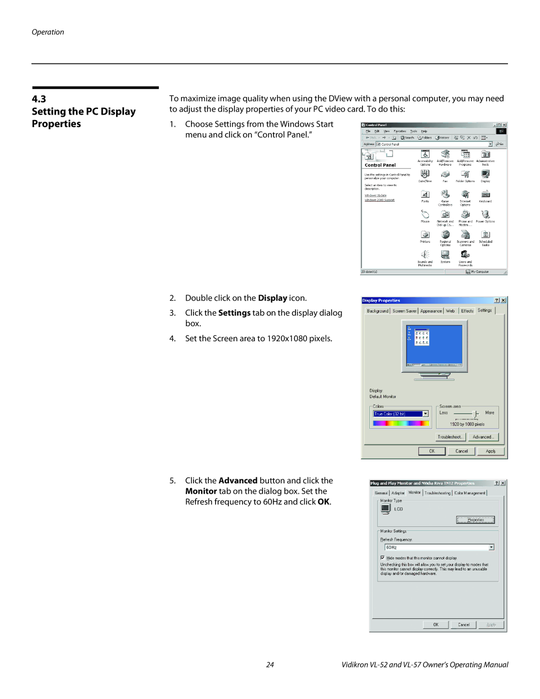 Vidikron VL-52, VL-57 manual Setting the PC Display Properties 