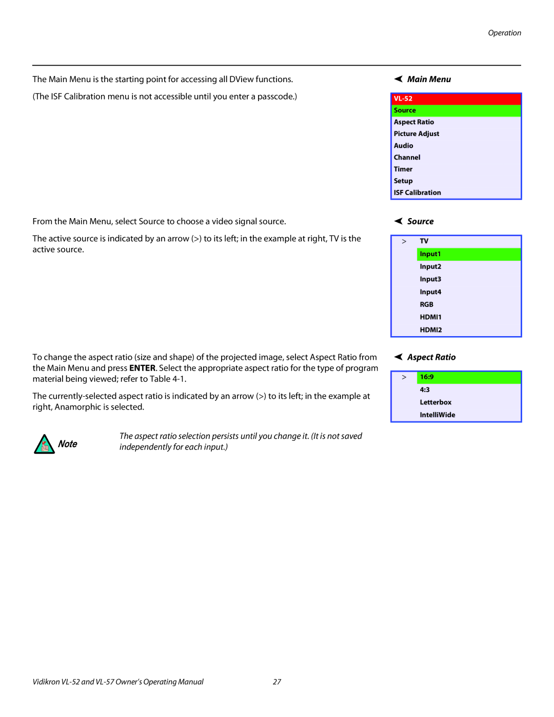 Vidikron VL-57, VL-52 manual Main Menu, Source, Aspect Ratio 