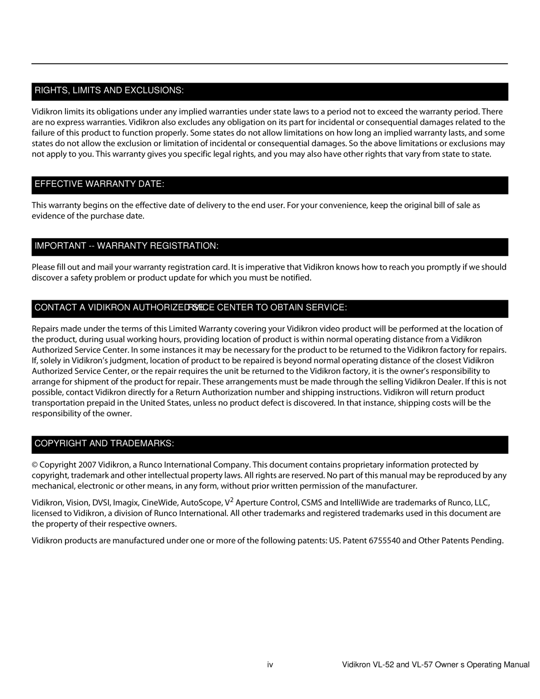 Vidikron VL-52, VL-57 manual RIGHTS, Limits and Exclusions 