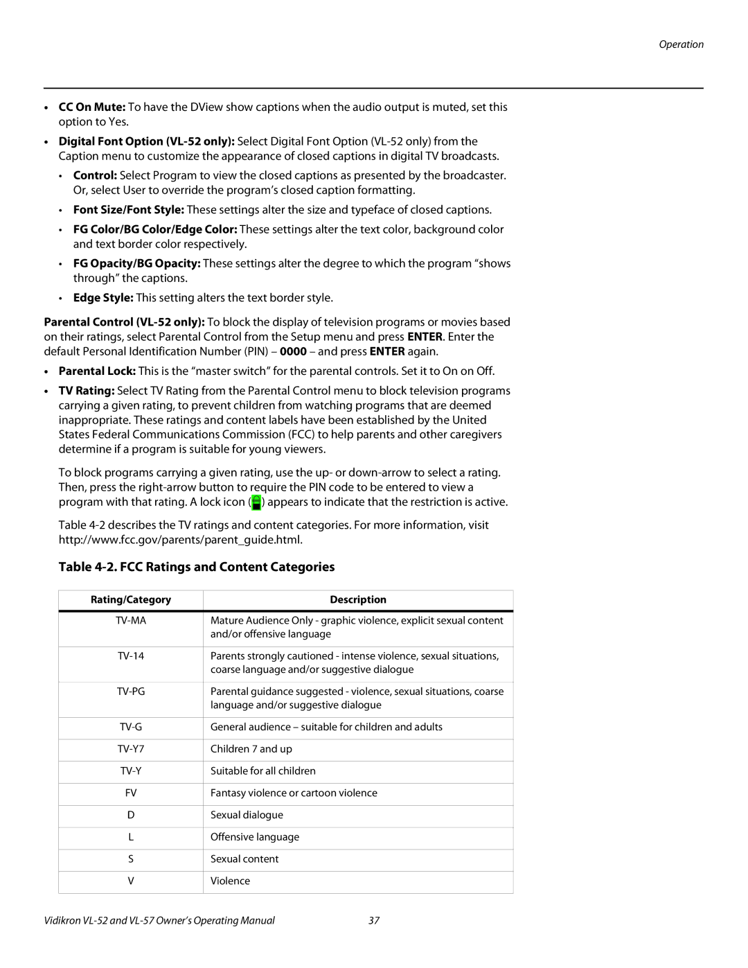 Vidikron VL-57, VL-52 manual FCC Ratings and Content Categories, Rating/Category Description 