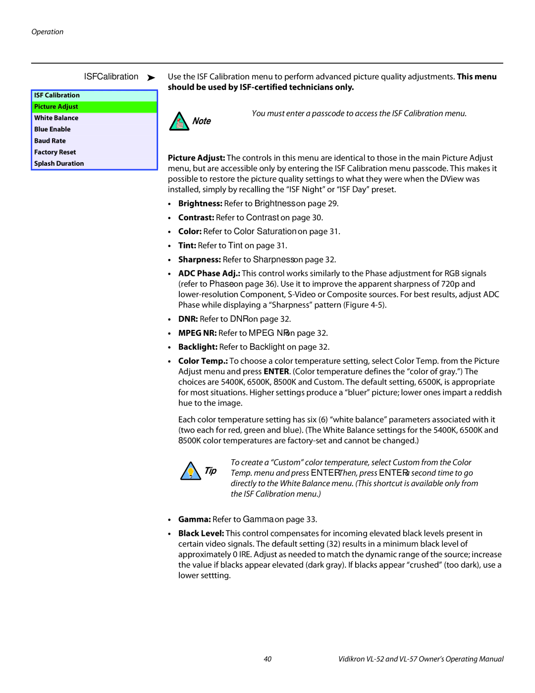 Vidikron VL-52, VL-57 manual ISF Calibration, Should be used by ISF-certified technicians only 