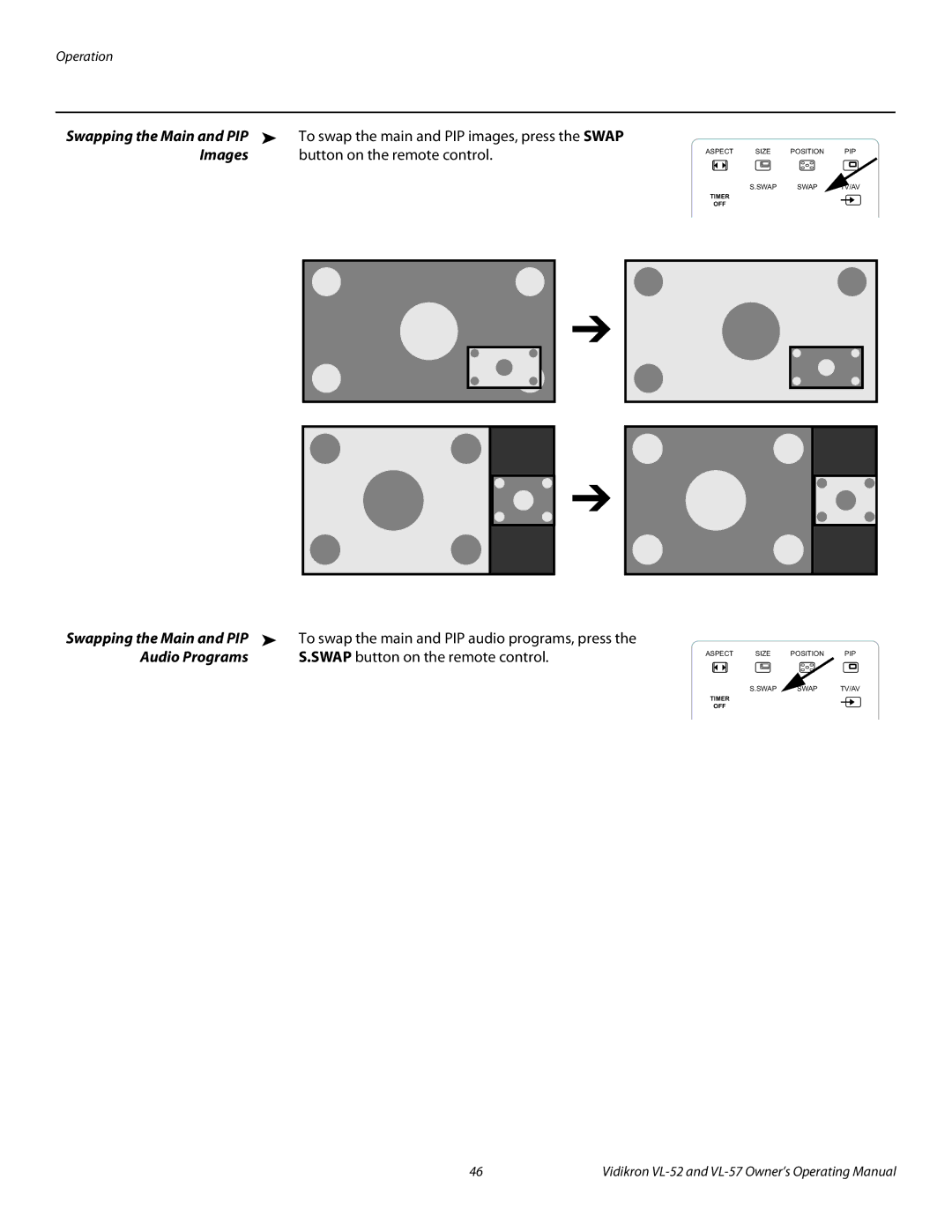 Vidikron VL-52, VL-57 manual Images, Audio Programs Swap button on the remote control 